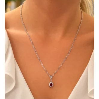   Hilda 14K Fehér Arany Nyaklánc 50cm + vörös és fehér köves medállal